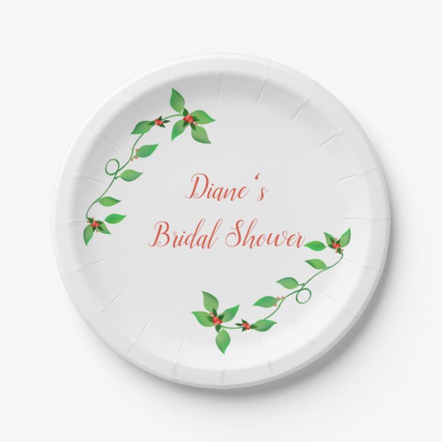Pink Buds on Green Ivy Wedding Paper Plate (Front)