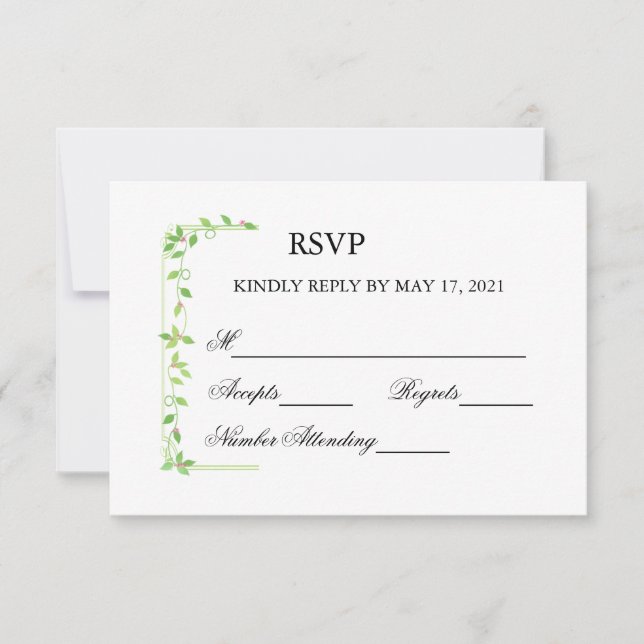 Pink Buds on Green Ivy Wedding Reply RSVP Card (Front)