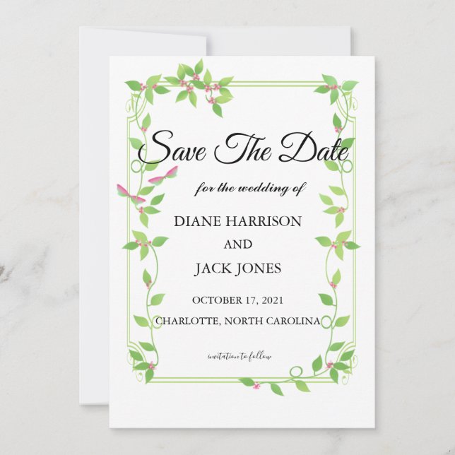 Pink Buds on Green Ivy Wedding Save The Date Cards (Front)