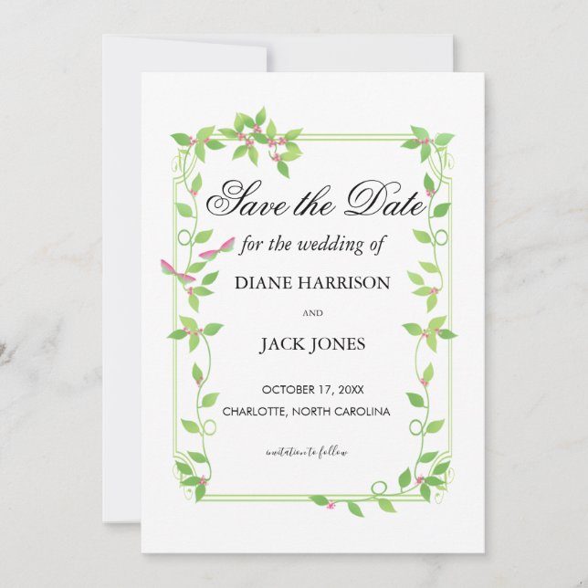 Pink Buds on Green Ivy Wedding Save The Date Invitation (Front)