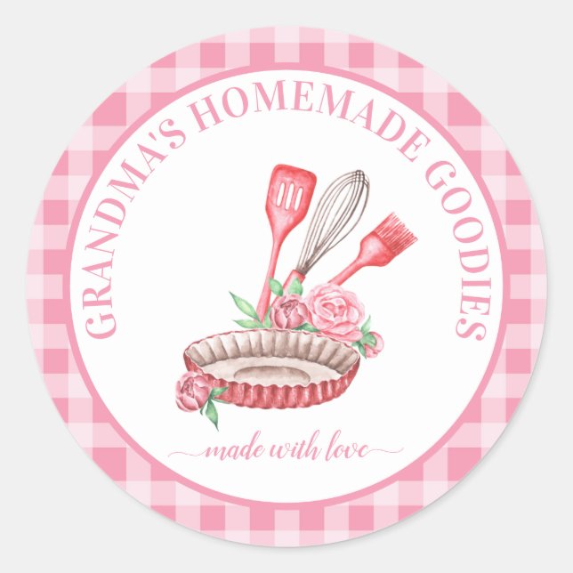 Pink Buffalo Check Kitchen Utensils Pie Plate Gift Classic Round Sticker (Front)