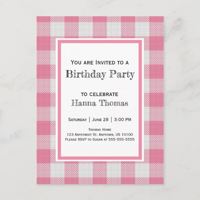 Pink Buffalo Plaid Birthday Invitation Postcard (Front)