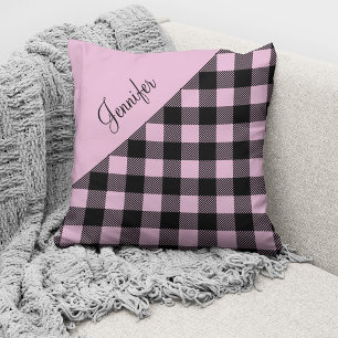 Pink Buffalo Plaid Check Pattern Custom Name Cushion