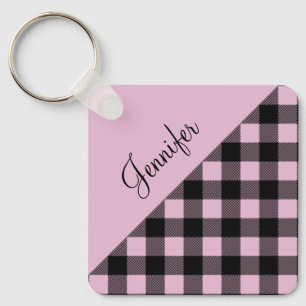 Pink Buffalo Plaid Check Pattern Name Key Ring
