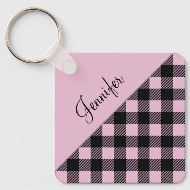 Pink Buffalo Plaid Check Pattern Name Key Ring (Front)