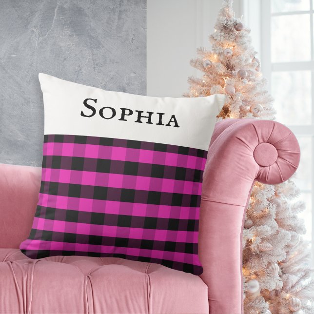 Pink Buffalo Plaid Chequered Pattern Custom Name Cushion (A cushion with buffalo plaid check pattern, in pink and black. Personalize with a name at the top.)