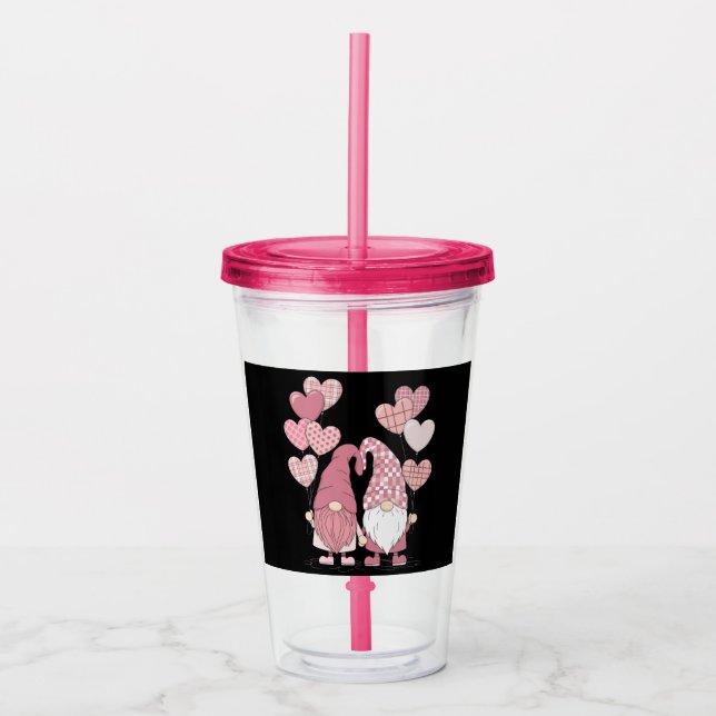 Pink Buffalo Plaid Heart Gnomes Valentine's Day  Acrylic Tumbler (Front)