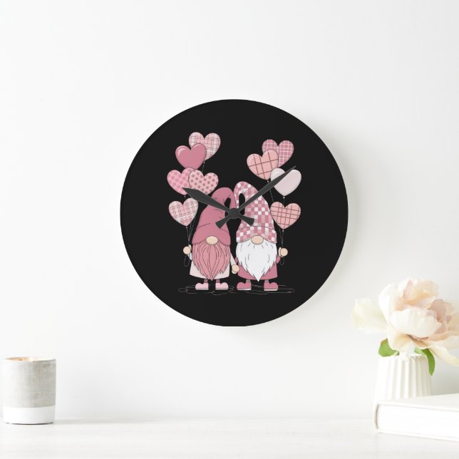Pink Buffalo Plaid Heart Gnomes Valentine's Day  Large Clock (Home)