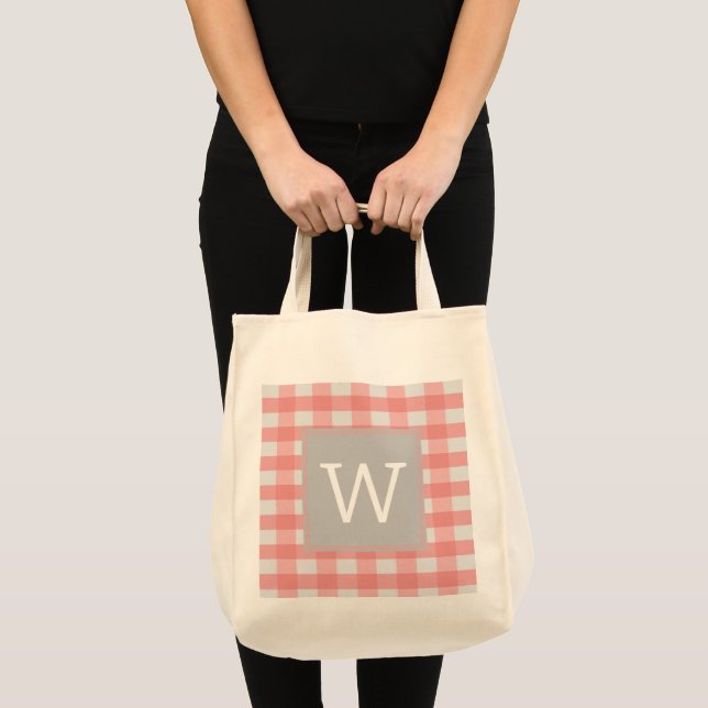 Pink Buffalo Plaid Monogram Tote Bag (Front (Product))