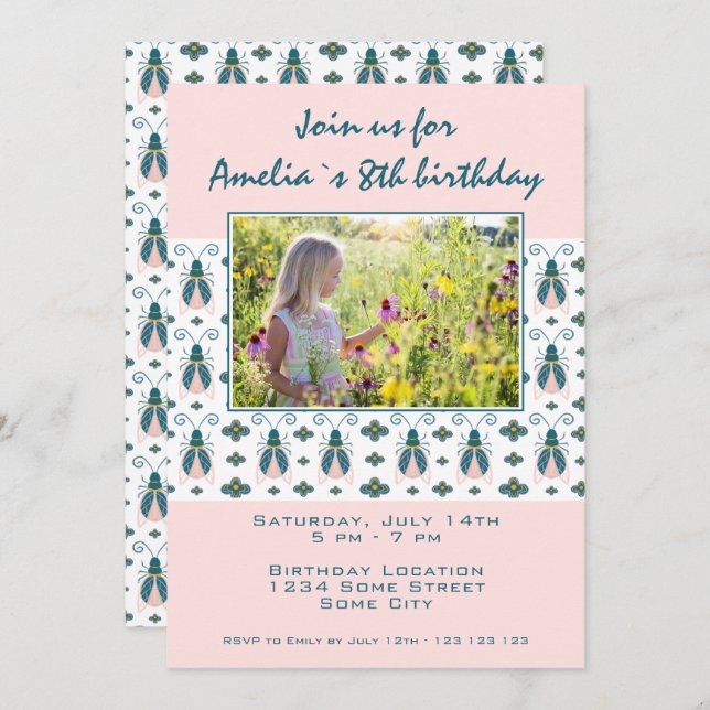 Pink Bugs Flower Pattern Girl Photo Birthday  Invitation (Front/Back)