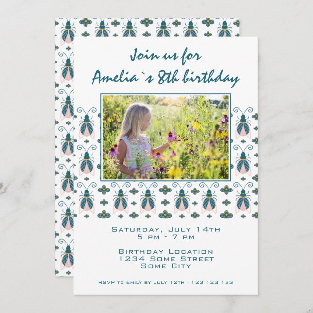 Pink Bugs Flower Pattern Girl Photo Birthday Invitation (Front/Back)