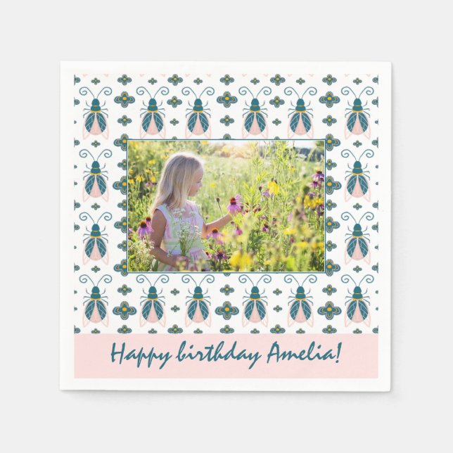 Pink Bugs Flower Pattern Girl Photo Birthday  Napkin (Front)