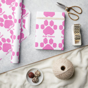 Pink Building Blocks Dog Paw Print Custom Name Wrapping Paper
