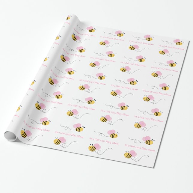 Pink Bumble Bee Baby Shower Wrapping Paper (Unrolled)