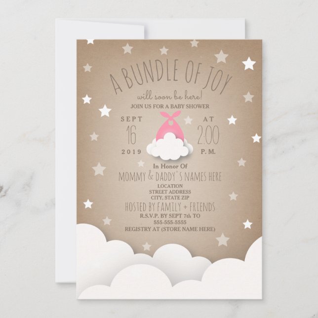 Pink Bundle of Joy Clouds + Stars Baby Shower Invitation (Front)