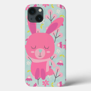 Pink Bunnies and Flowers iPhone 13 Case