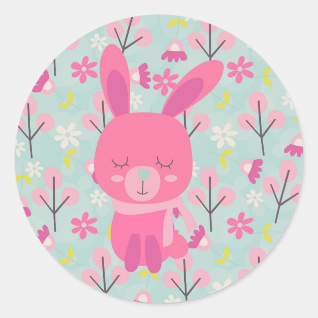Pink Bunnies and Flowers Classic Round Sticker (Front)