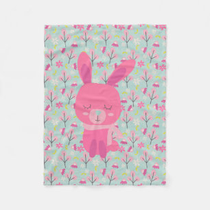 Pink Bunnies and Flowers Fleece Blanket