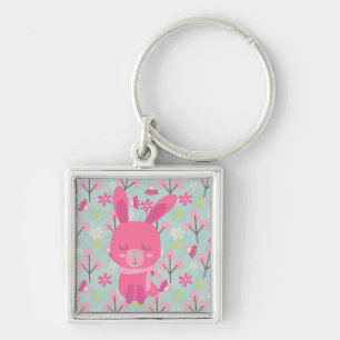 Pink Bunnies and Flowers Key Ring