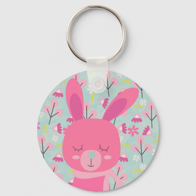 Pink Bunnies and Flowers Key Ring (Front)