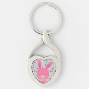 Pink Bunnies and Flowers Key Ring