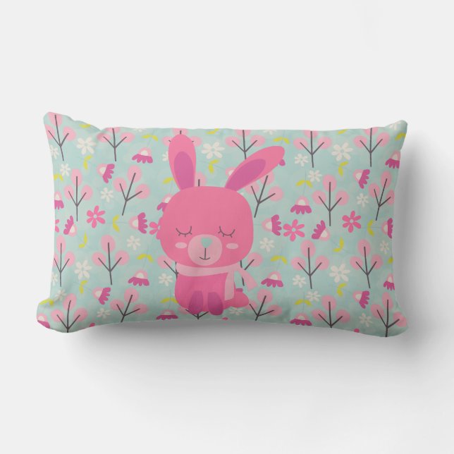 Pink Bunnies and Flowers Lumbar Cushion (Front)