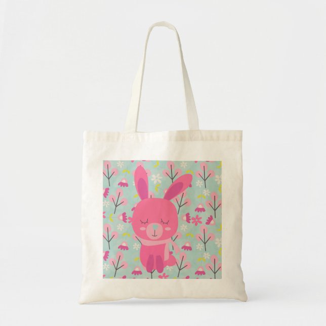 Pink Bunnies and Flowers Tote Bag (Front)