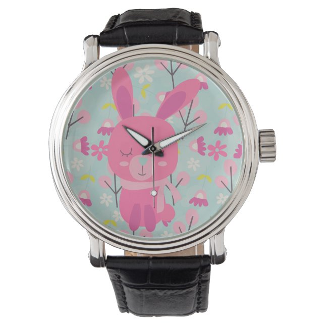 Pink Bunnies and Flowers Watch (Front)