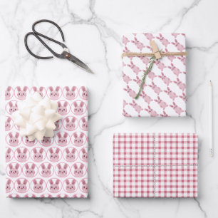 Pink bunnies party wrapping paper sheet