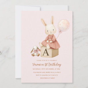 Pink Bunny 1st Birthday Invitation