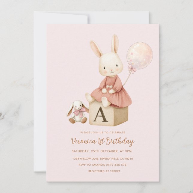 Pink Bunny 1st Birthday Invitation (Front)