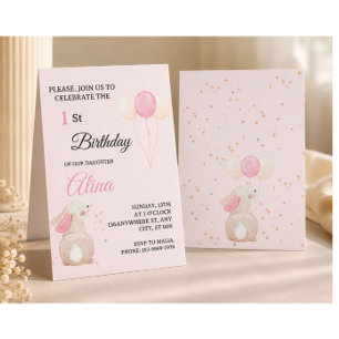 Pink Bunny 1st Birthday Invitation Editable Baby