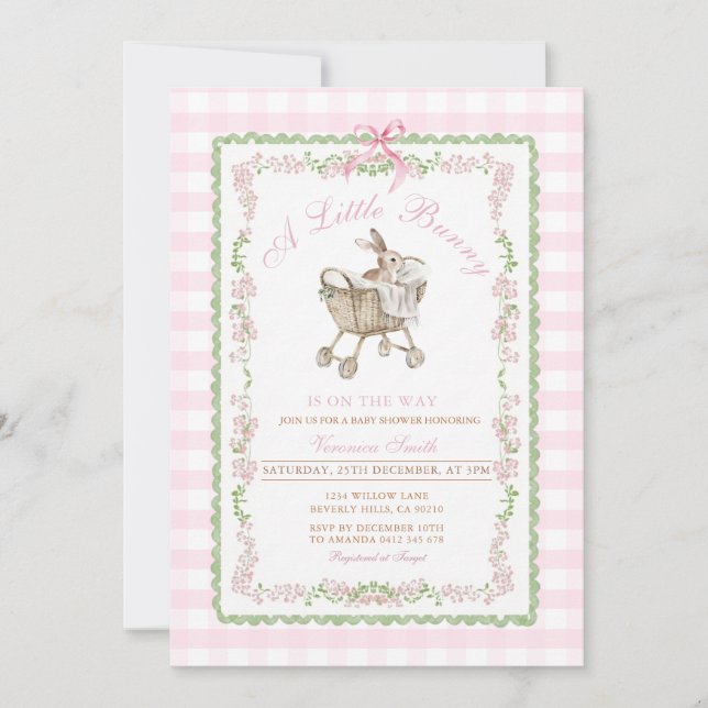 Pink Bunny Baby Shower Watercolor Grandmillennial  Invitation (Front)