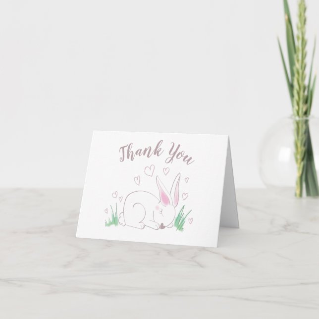 Pink Bunny Baby Shower Woodland Watercolor Thank You Card (Front)