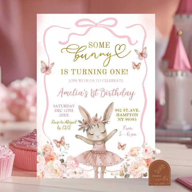Pink Bunny Ballerina First Birthday Invitation (Creator Uploaded)