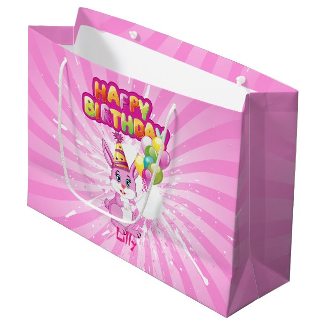 Pink Bunny Birthday Cartoon Large Gift Bag (Front Angled)