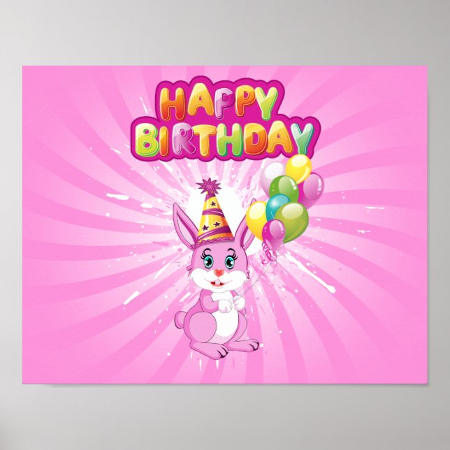 Pink Bunny Birthday Cartoon Poster (Front)