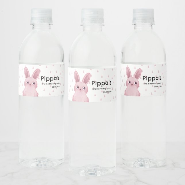 Pink bunny birthday party for baby girls water bottle label (Bottles)