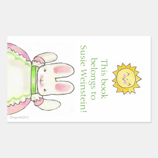 Pink bunny bookplate rectangular sticker (Front)