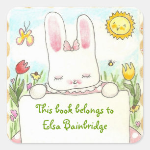 Pink bunny bookplate square sticker