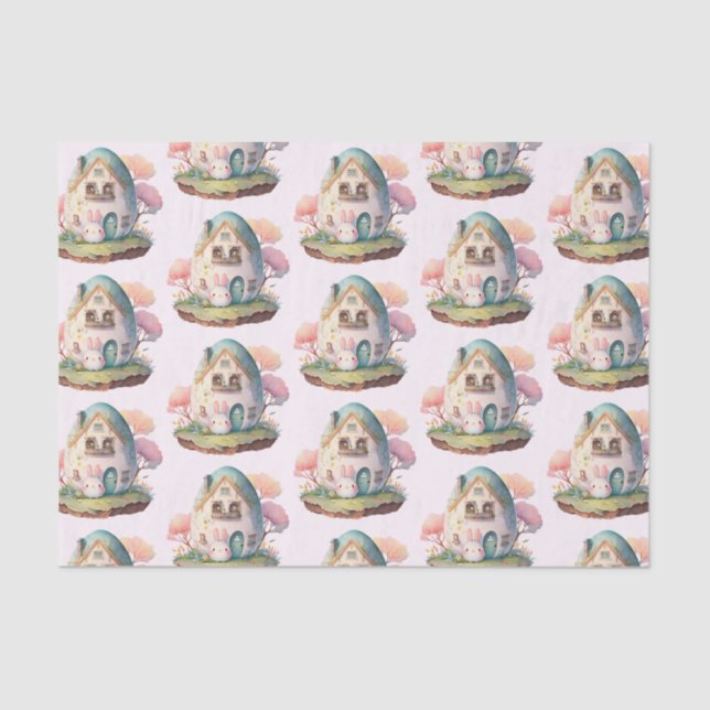 Pink Bunny & Egg Shaped House Kawaii Pattern Tissue Paper (Front)