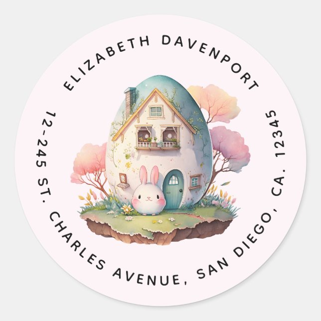 Pink Bunny & Egg Shaped House Kawaii Style Address Classic Round Sticker (Front)