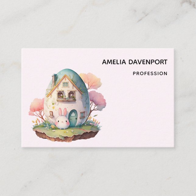 Pink Bunny & Egg Shaped House Kawaii Style Business Card (Front)