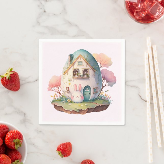 Pink Bunny & Egg Shaped House Kawaii Style Napkin (Insitu)