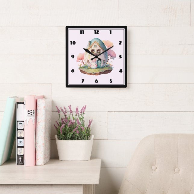 Pink Bunny & Egg Shaped House Kawaii Style Square Wall Clock (Reading Room)