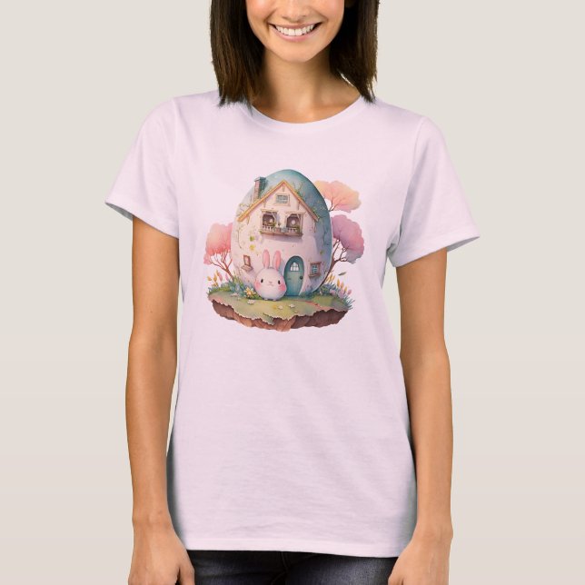Pink Bunny & Egg Shaped House Kawaii Style T-Shirt (Front)