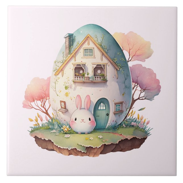 Pink Bunny & Egg Shaped House Kawaii Style Tile (Front)