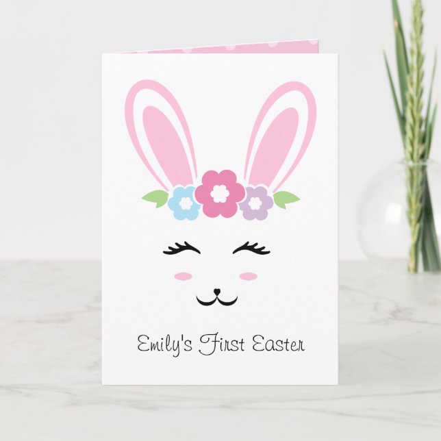 Pink Bunny Face Baby Girl Polka Dots First Easter Holiday Card (Front)