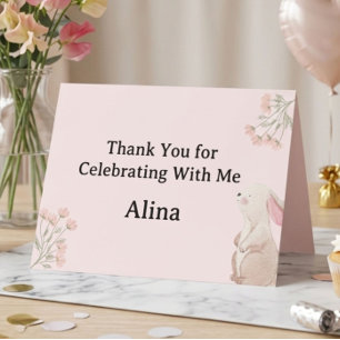 Pink Bunny First Birthday Thank You Card Editabl