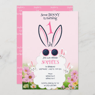 Pink Bunny Flower Garden Spring Summer Birthday Invitation